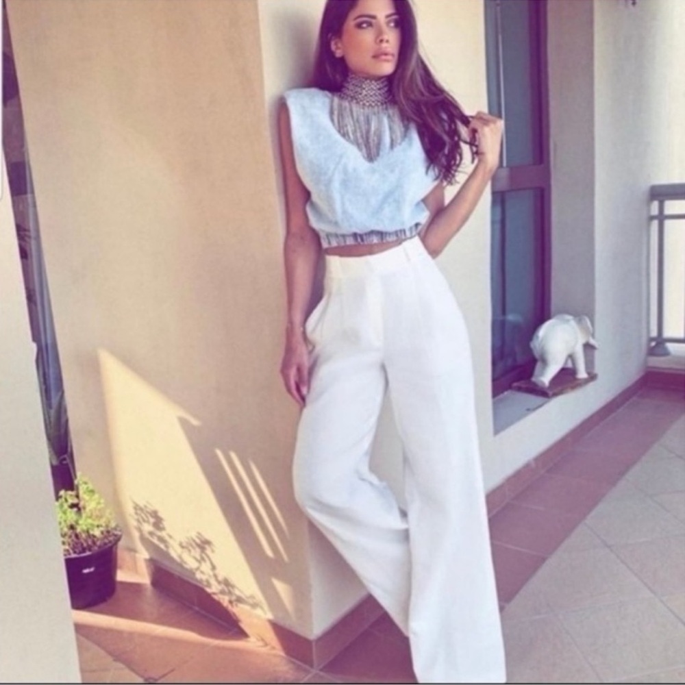 NWT Zara High Waist Wide Leg Pleated Trousers Pants in White Size L - Picture 4 of 11